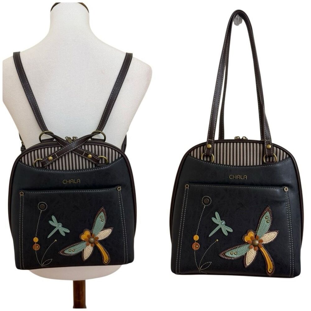 Chala Covertible Backpack / Shoulder Bag Black Faux Leather Dragonfly - Picture 10 of 10